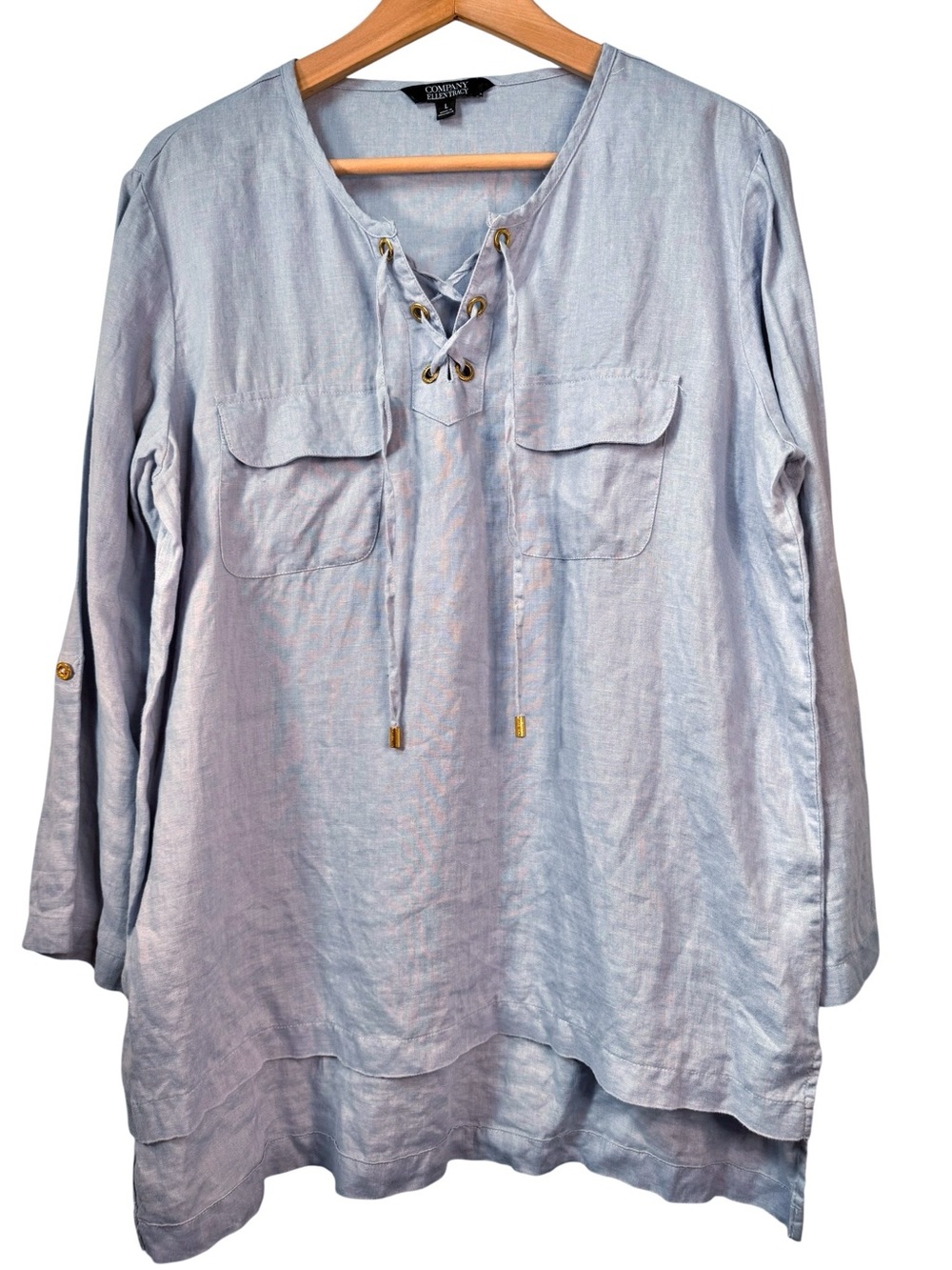 Company Ellen Tracy 100% Linen Lace Up Tunic Shirt Size Large Chambray Blue